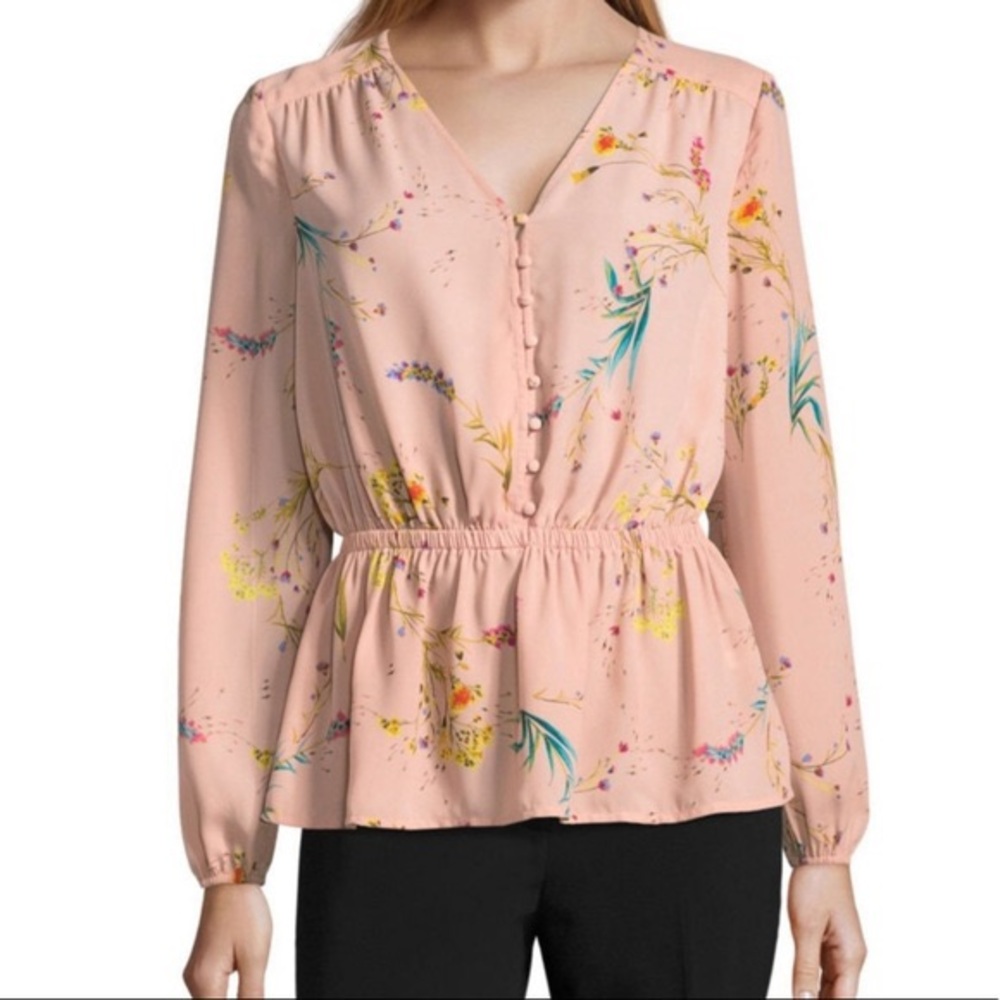 Worthington Pink Floral Smock Waist Button Up Top